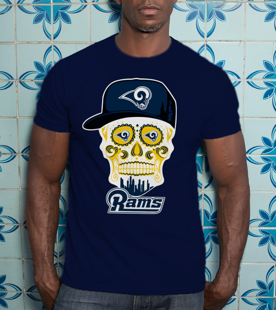 Los Angeles Rams Skull Iconic Rams Logo In Cap Funny T-Shirt
