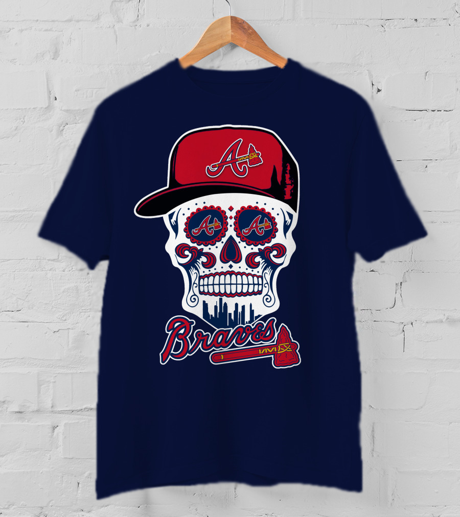 Atlanta Braves Skull With Baseball Cap And Tomahawk T-Shirt