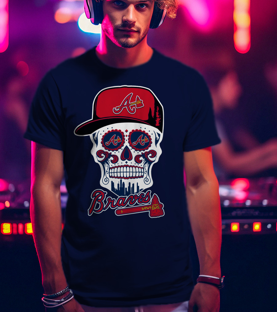 Atlanta Braves Skull With Baseball Cap And Tomahawk T-Shirt