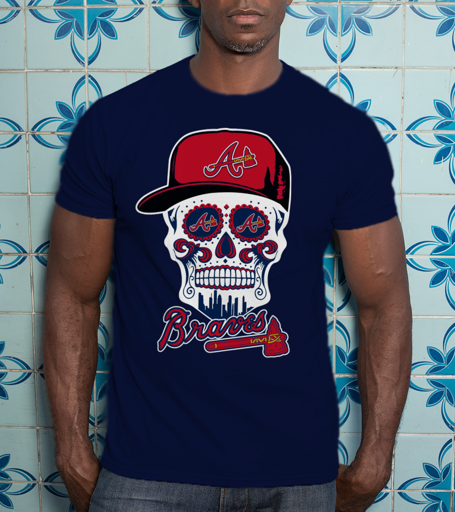 Atlanta Braves Skull With Baseball Cap And Tomahawk T-Shirt