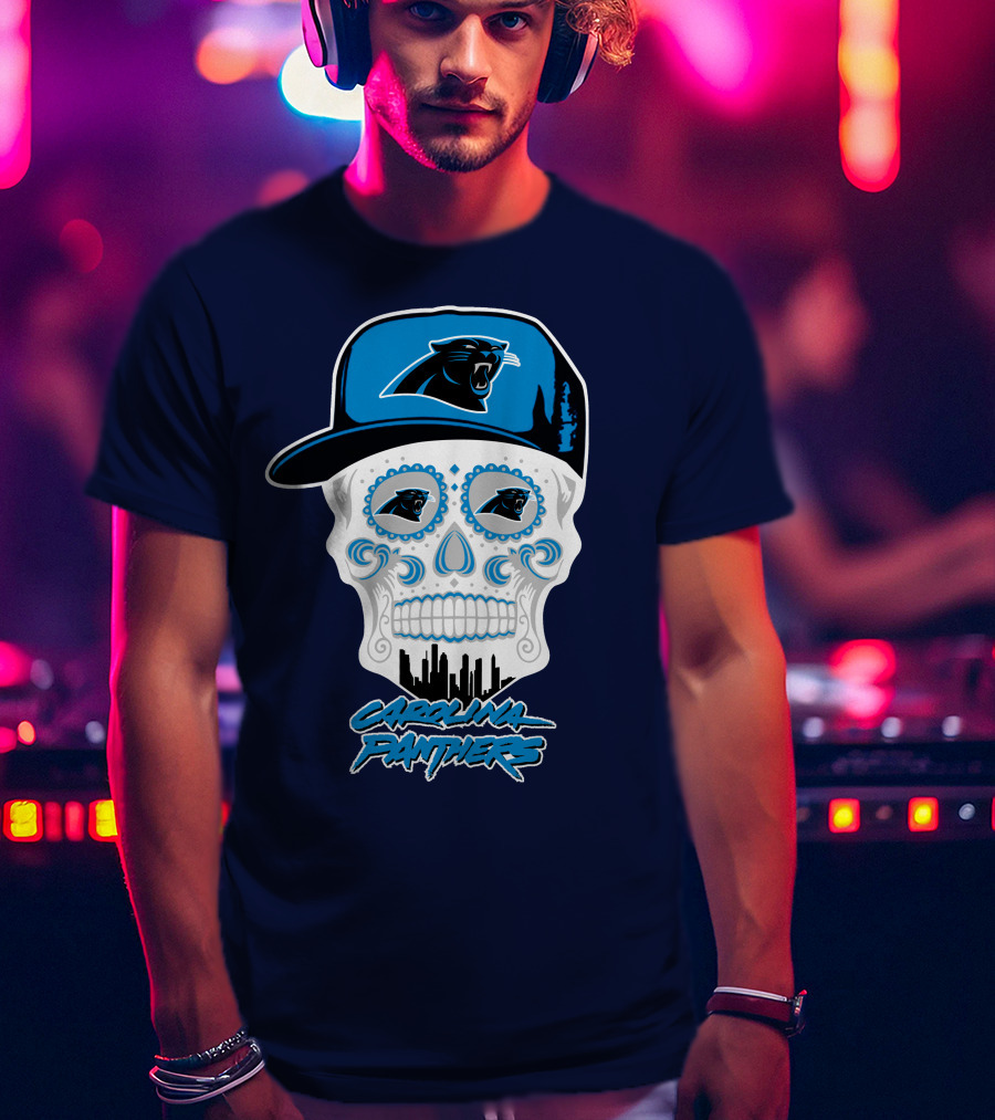 Carolina Panthers Skull Design With Panther Eyes And Cap T-Shirt