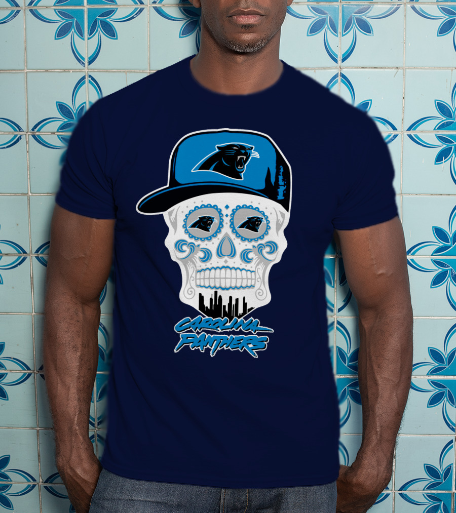 Carolina Panthers Skull Design With Panther Eyes And Cap T-Shirt