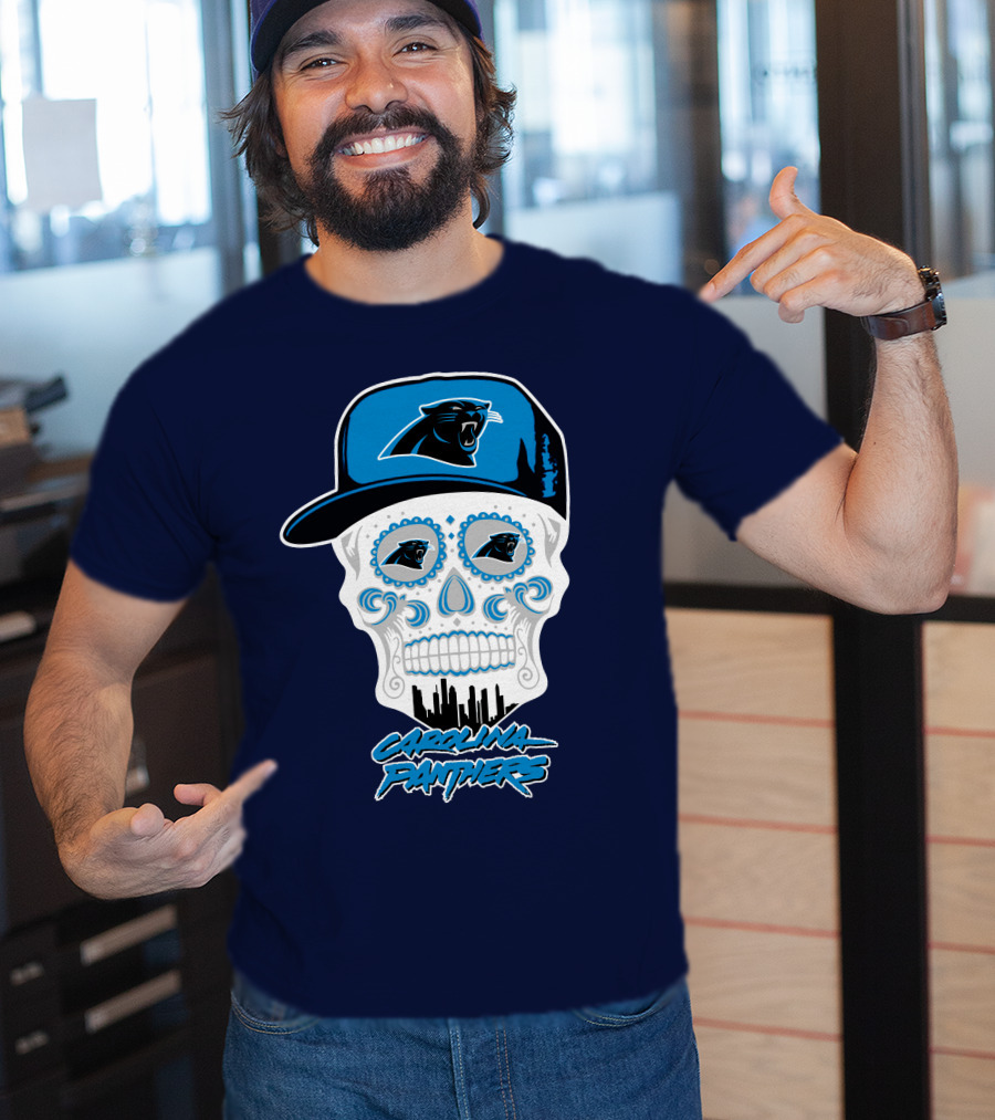 Carolina Panthers Skull Design With Panther Eyes And Cap T-Shirt