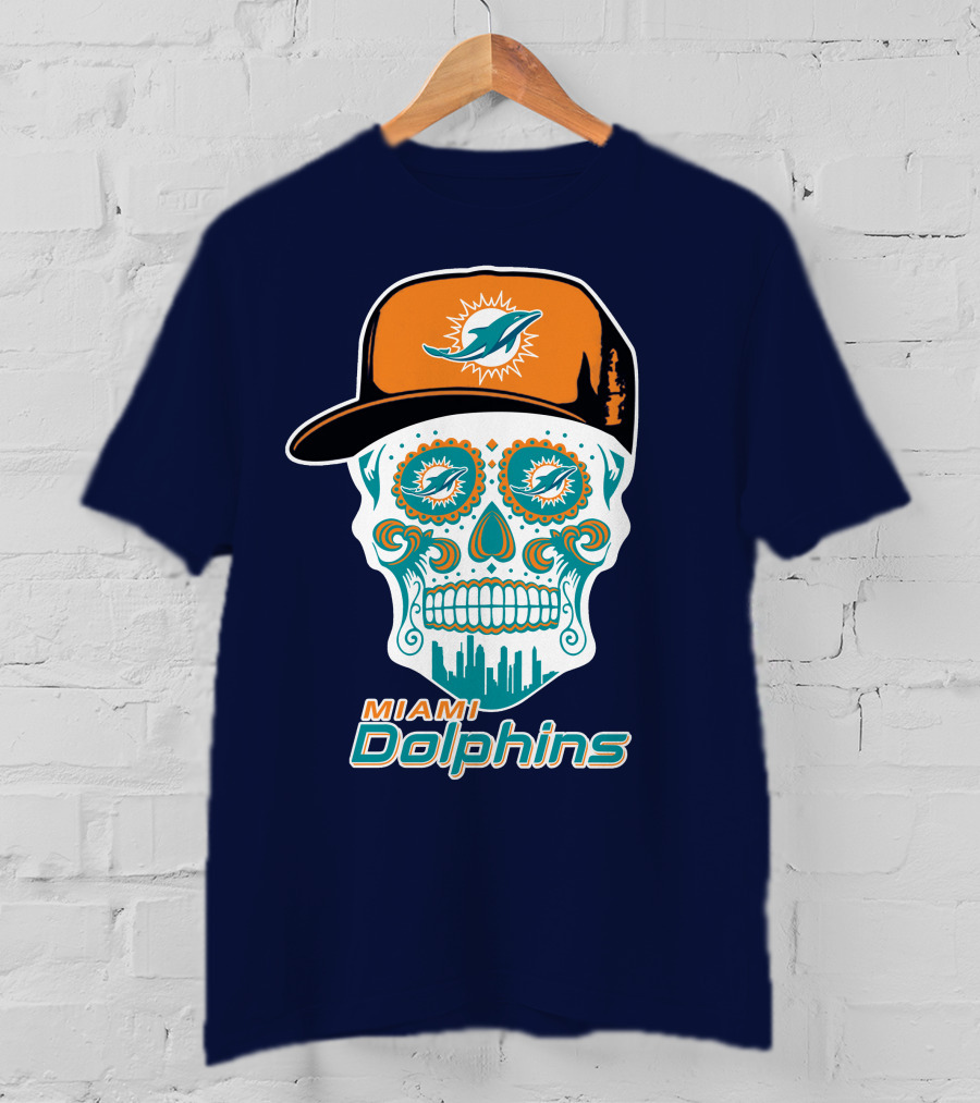 Miami Dolphins Sugar Skull Cap Art T-Shirt