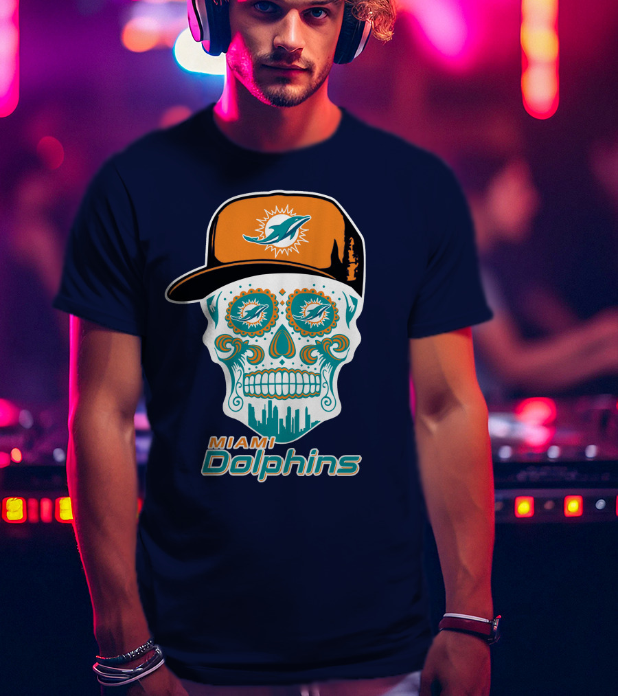 Miami Dolphins Sugar Skull Cap Art T-Shirt