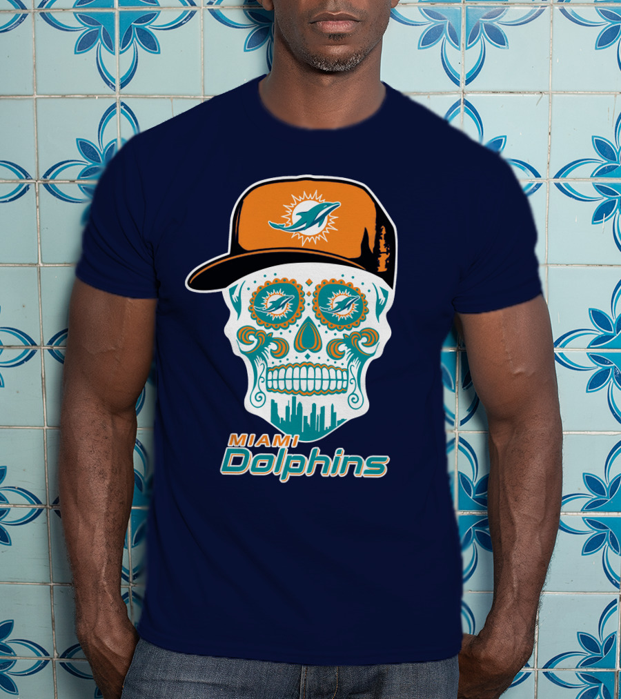 Miami Dolphins Sugar Skull Cap Art T-Shirt