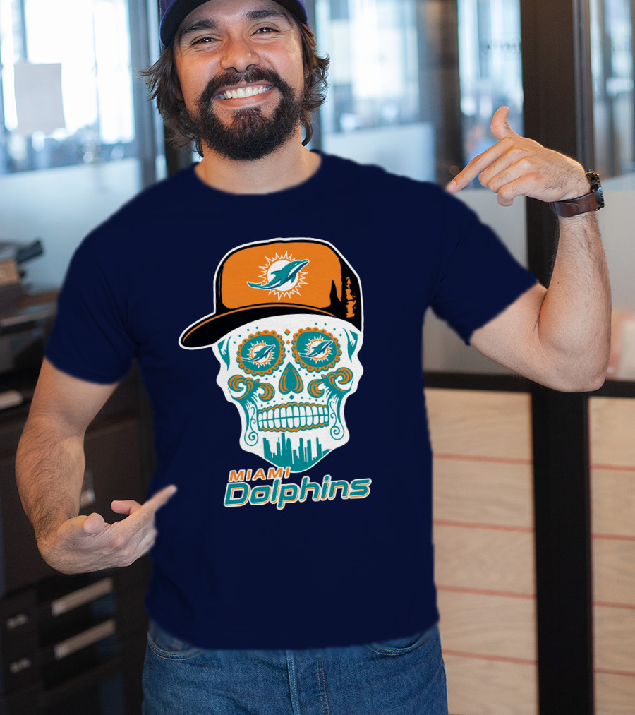 Miami Dolphins Sugar Skull Cap Art T-Shirt