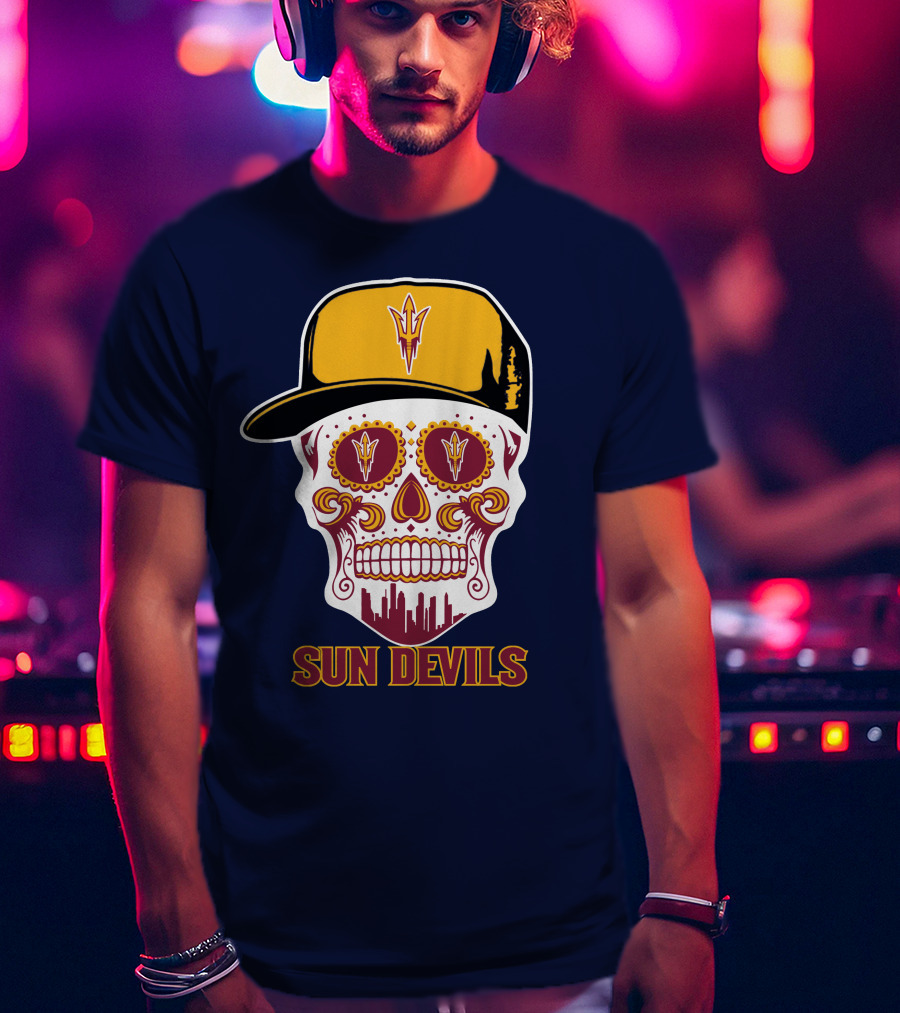 Sun Devils Sugar Skull With Arizona State Emblem Baseball Cap T-Shirt