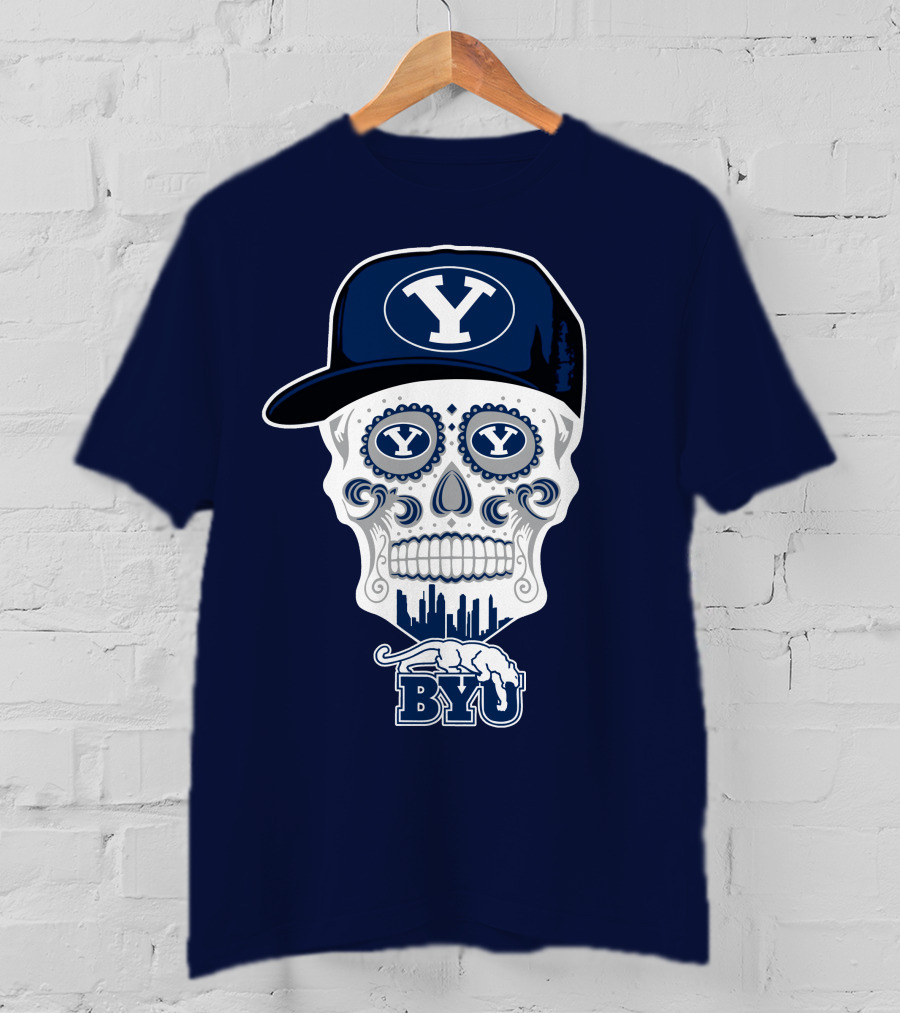 Byu Cougars Skull With Y Hat And Cityscape T-Shirt