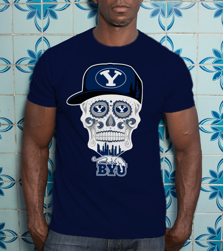 Byu Cougars Skull With Y Hat And Cityscape T-Shirt