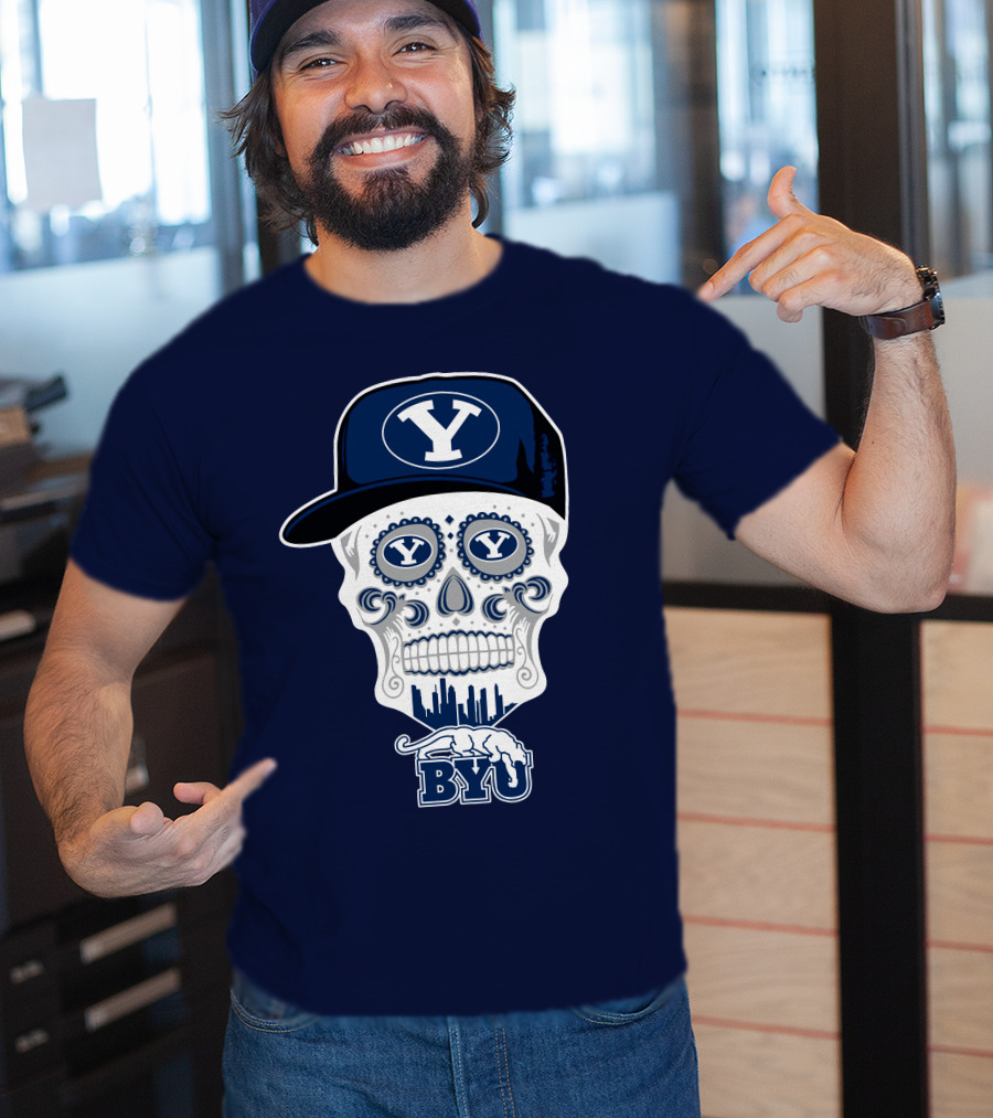 Byu Cougars Skull With Y Hat And Cityscape T-Shirt
