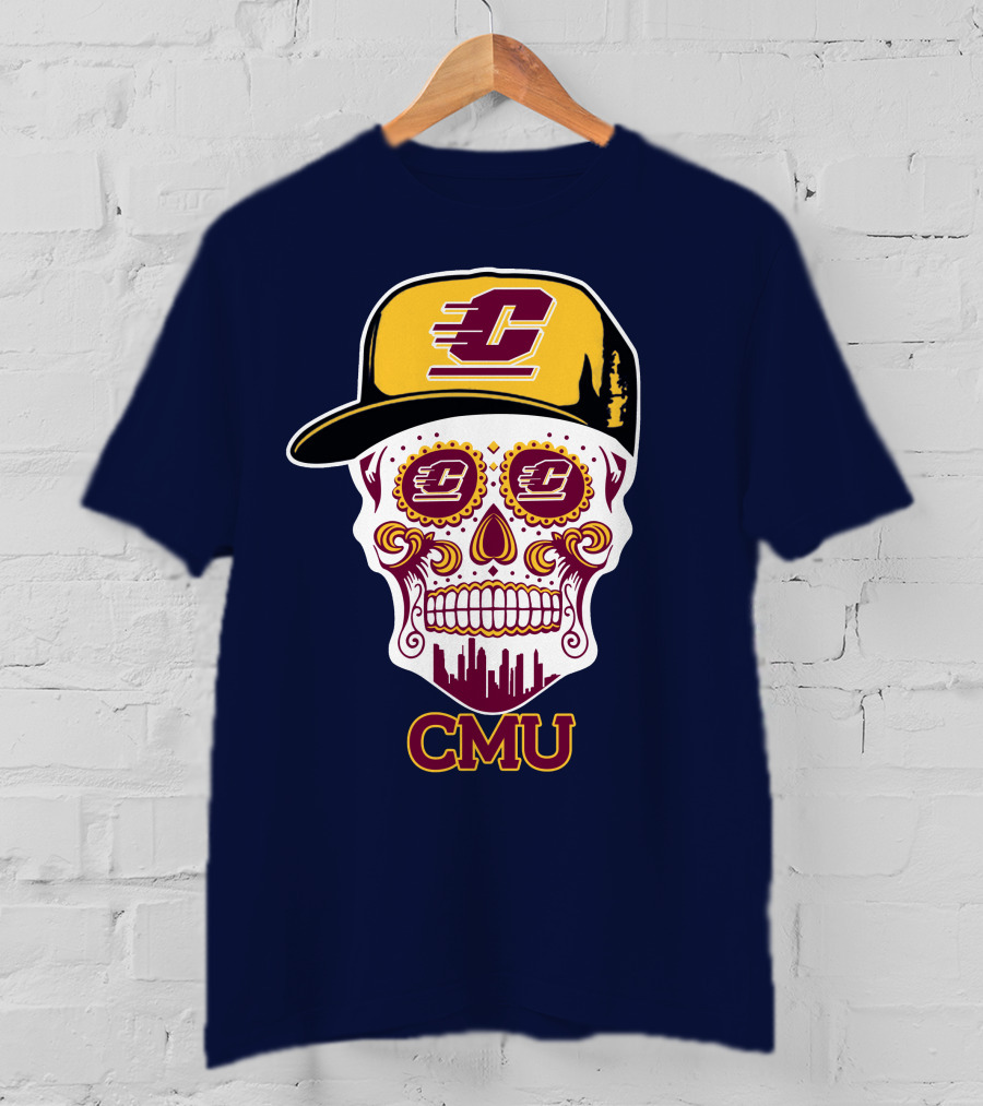 Cmu Central Michigan Chippewas Skull Logo With Cap And City Skyline T-Shirt