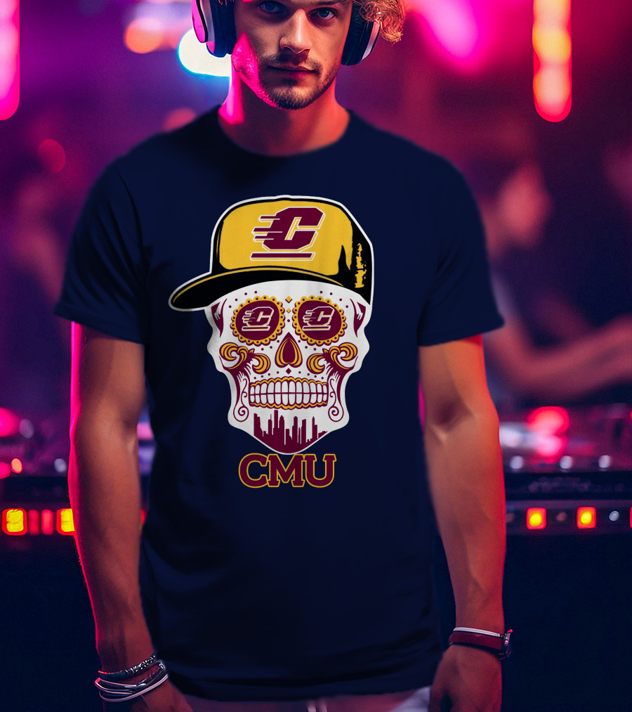 Cmu Central Michigan Chippewas Skull Logo With Cap And City Skyline T-Shirt