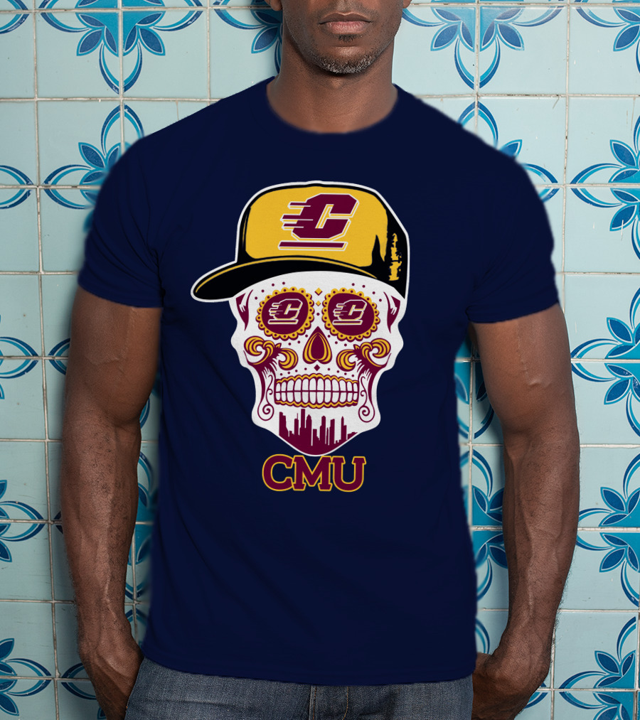 Cmu Central Michigan Chippewas Skull Logo With Cap And City Skyline T-Shirt