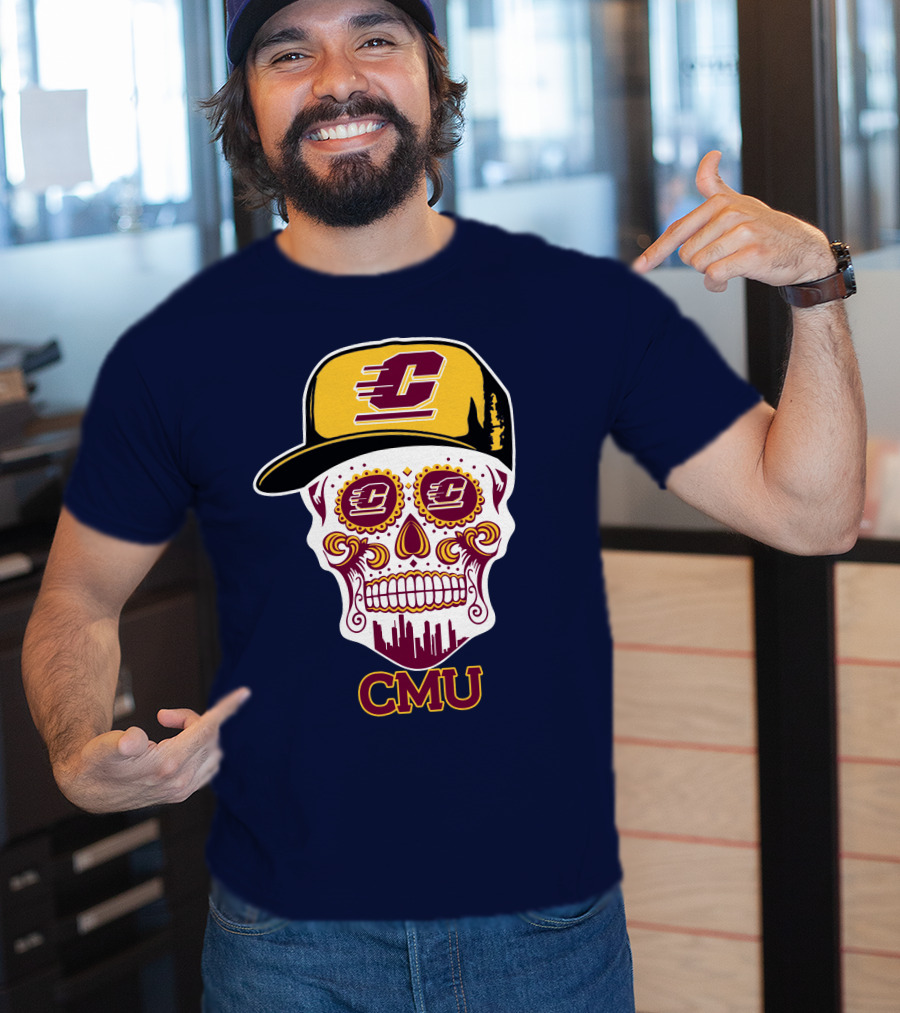 Cmu Central Michigan Chippewas Skull Logo With Cap And City Skyline T-Shirt