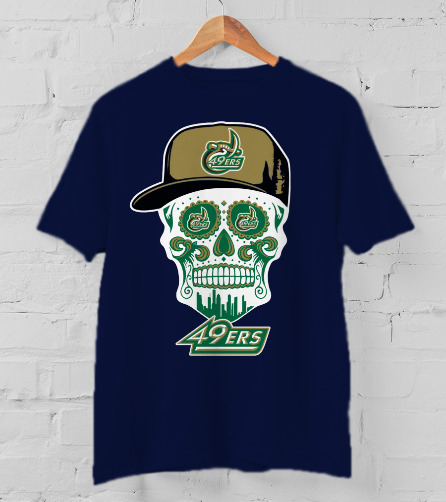 Charlotte 49ers Sugar Skull Green And Gold Logo With Hat T-Shirt