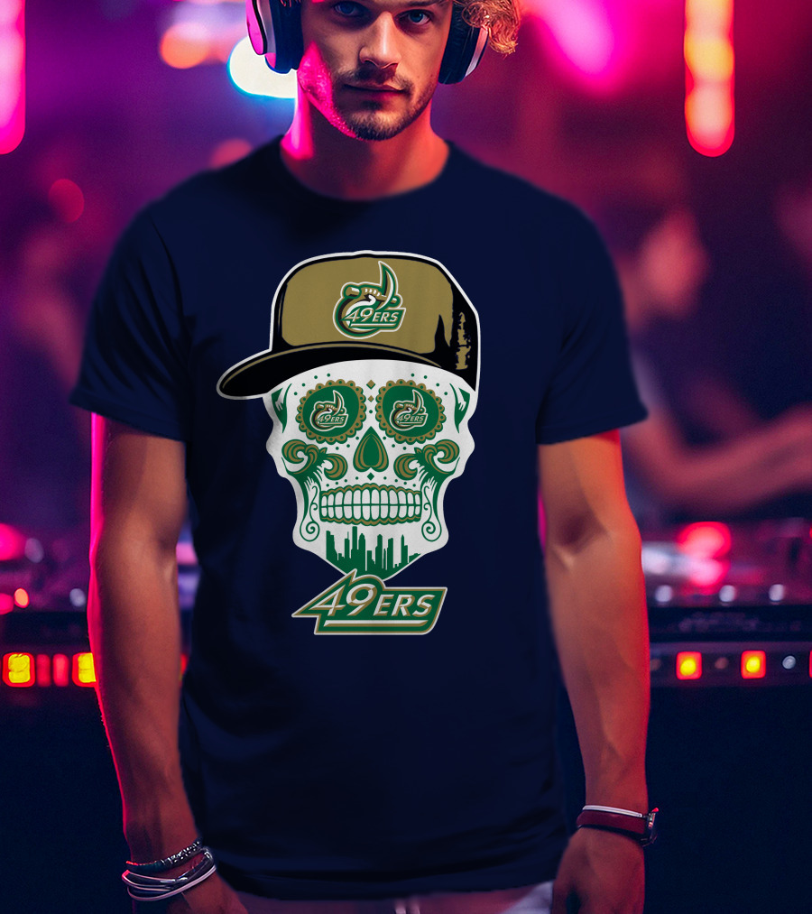 Charlotte 49ers Sugar Skull Green And Gold Logo With Hat T-Shirt
