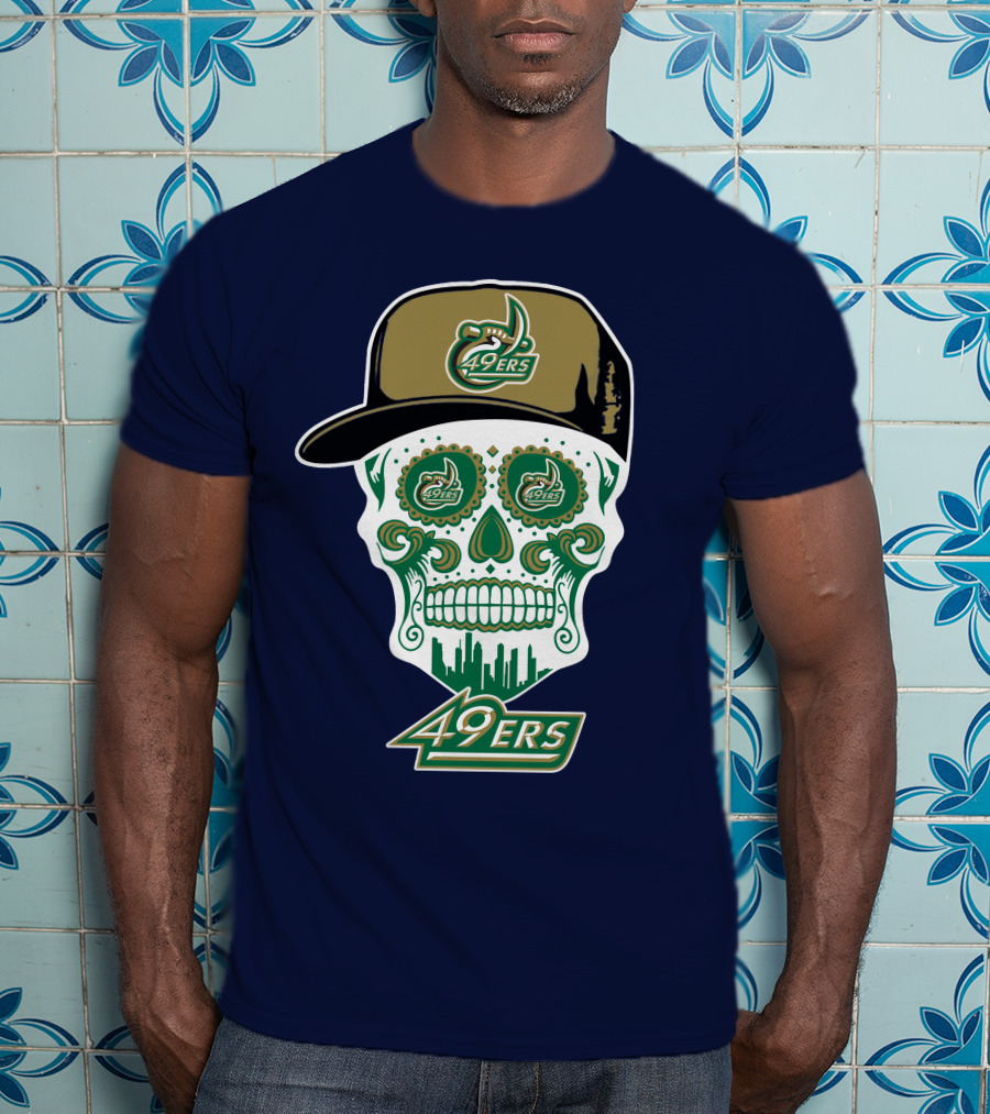 Charlotte 49ers Sugar Skull Green And Gold Logo With Hat T-Shirt