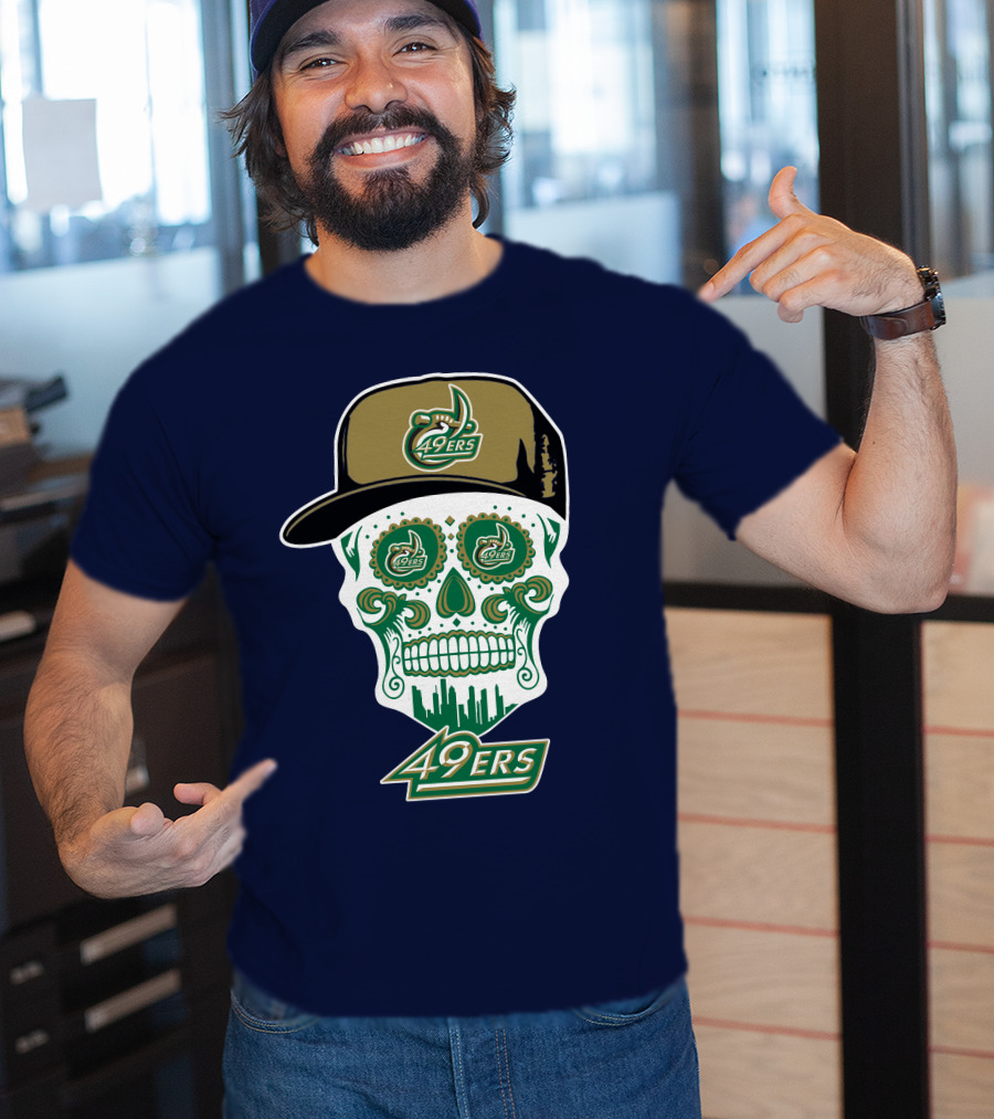 Charlotte 49ers Sugar Skull Green And Gold Logo With Hat T-Shirt