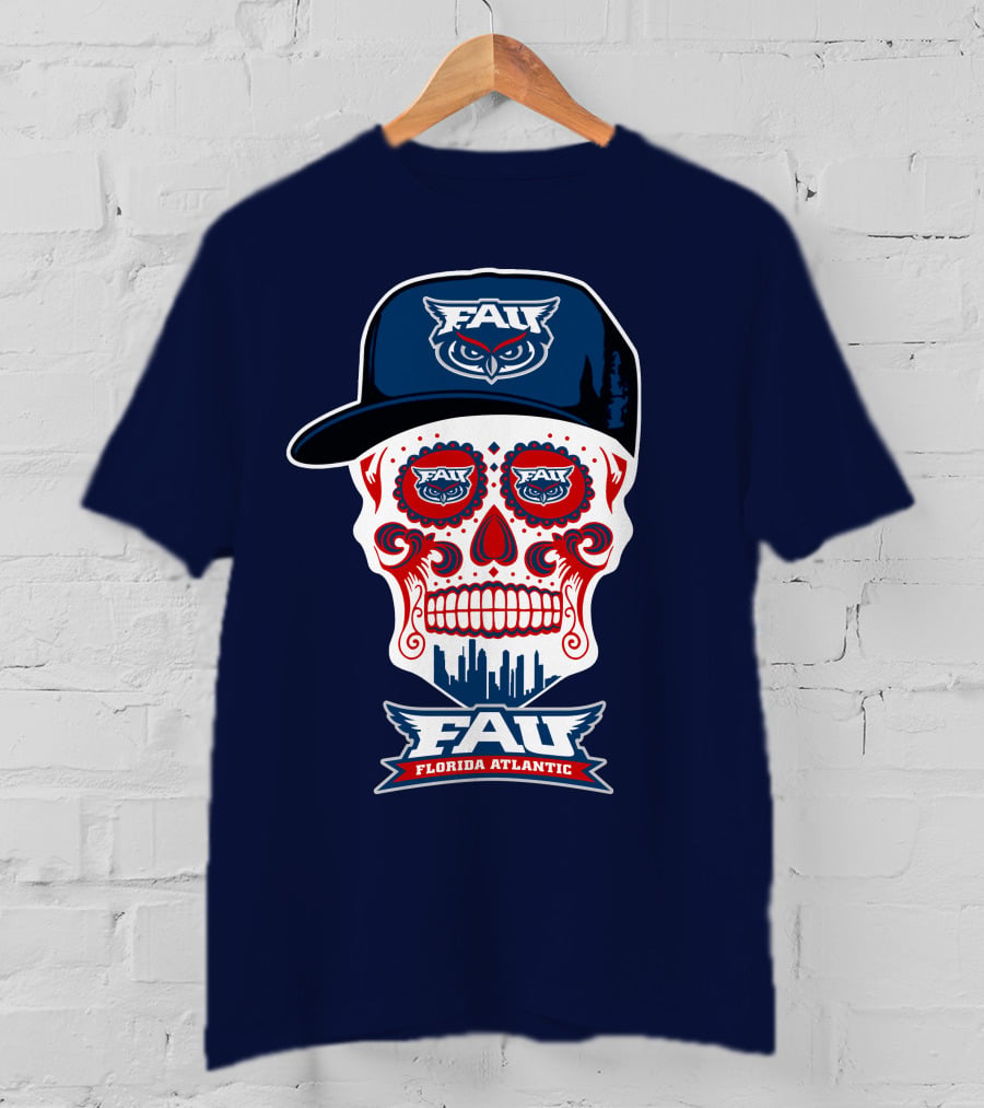 Fau Florida Atlantic Owls Sugar Skull With Cap T-Shirt