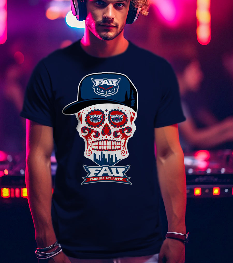 Fau Florida Atlantic Owls Sugar Skull With Cap T-Shirt