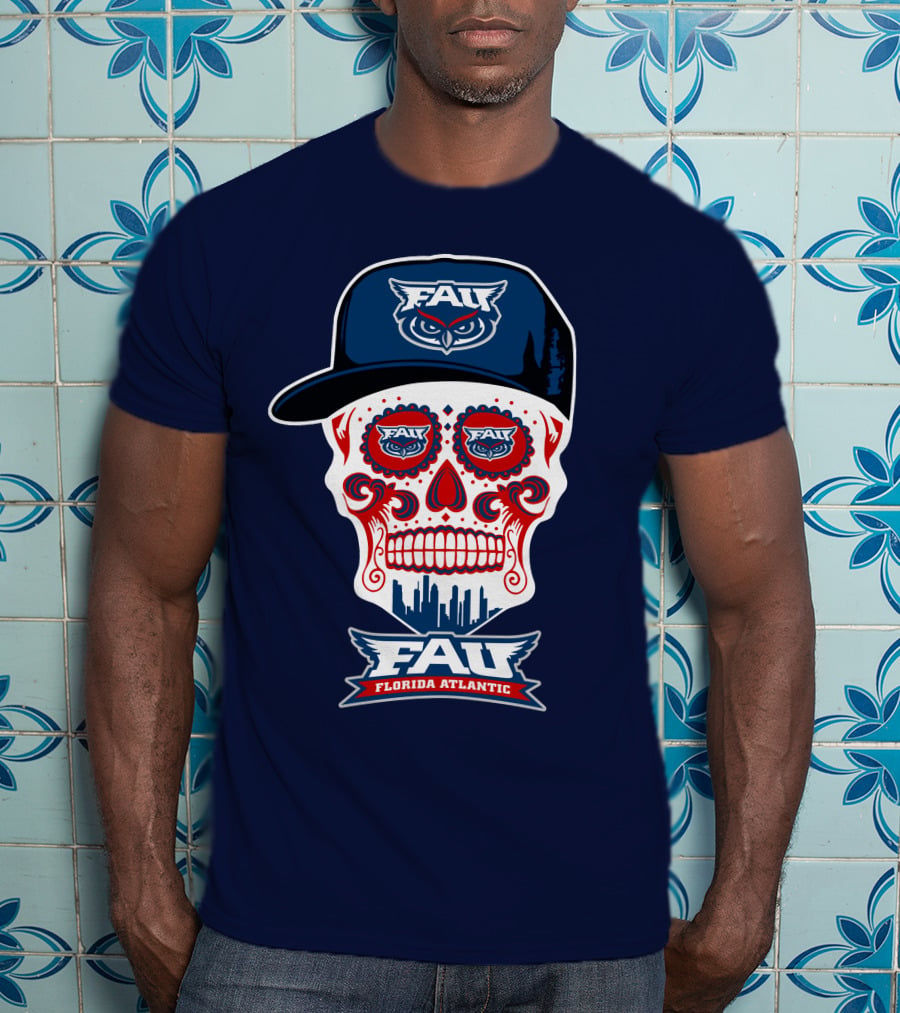 Fau Florida Atlantic Owls Sugar Skull With Cap T-Shirt