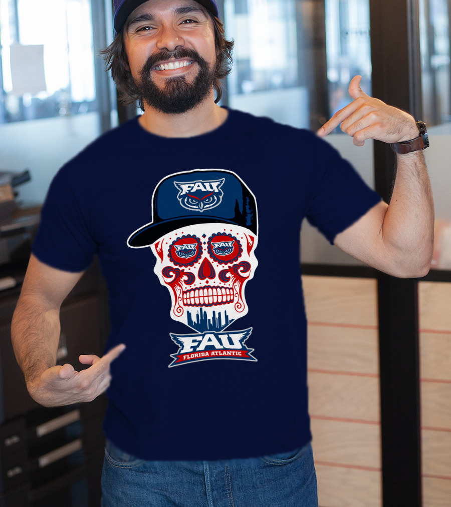 Fau Florida Atlantic Owls Sugar Skull With Cap T-Shirt