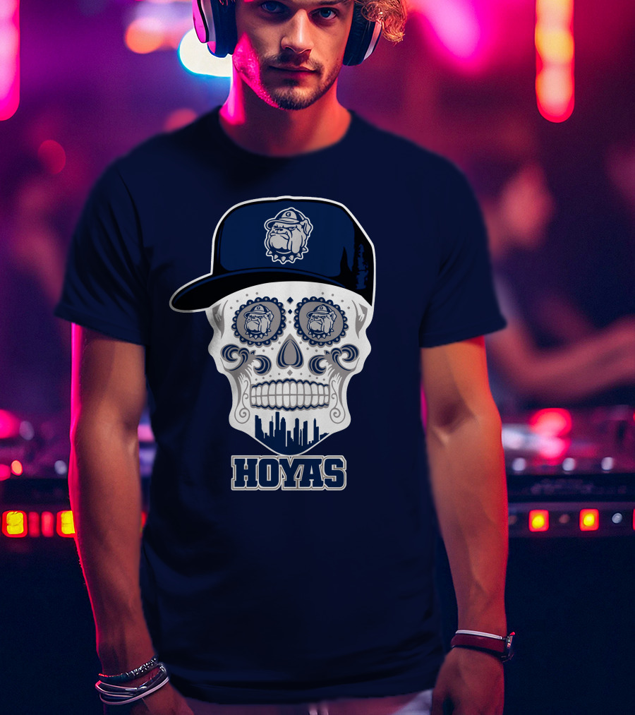 Georgetown Hoyas Skull With Bulldog Hat And Skyline T-Shirt