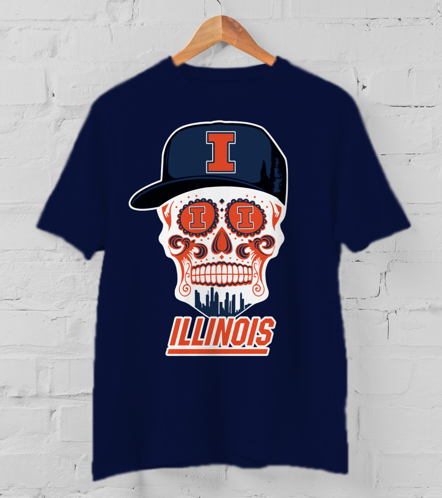 Illinois Fighting Illini Skull With Cap And Skyline T-Shirt