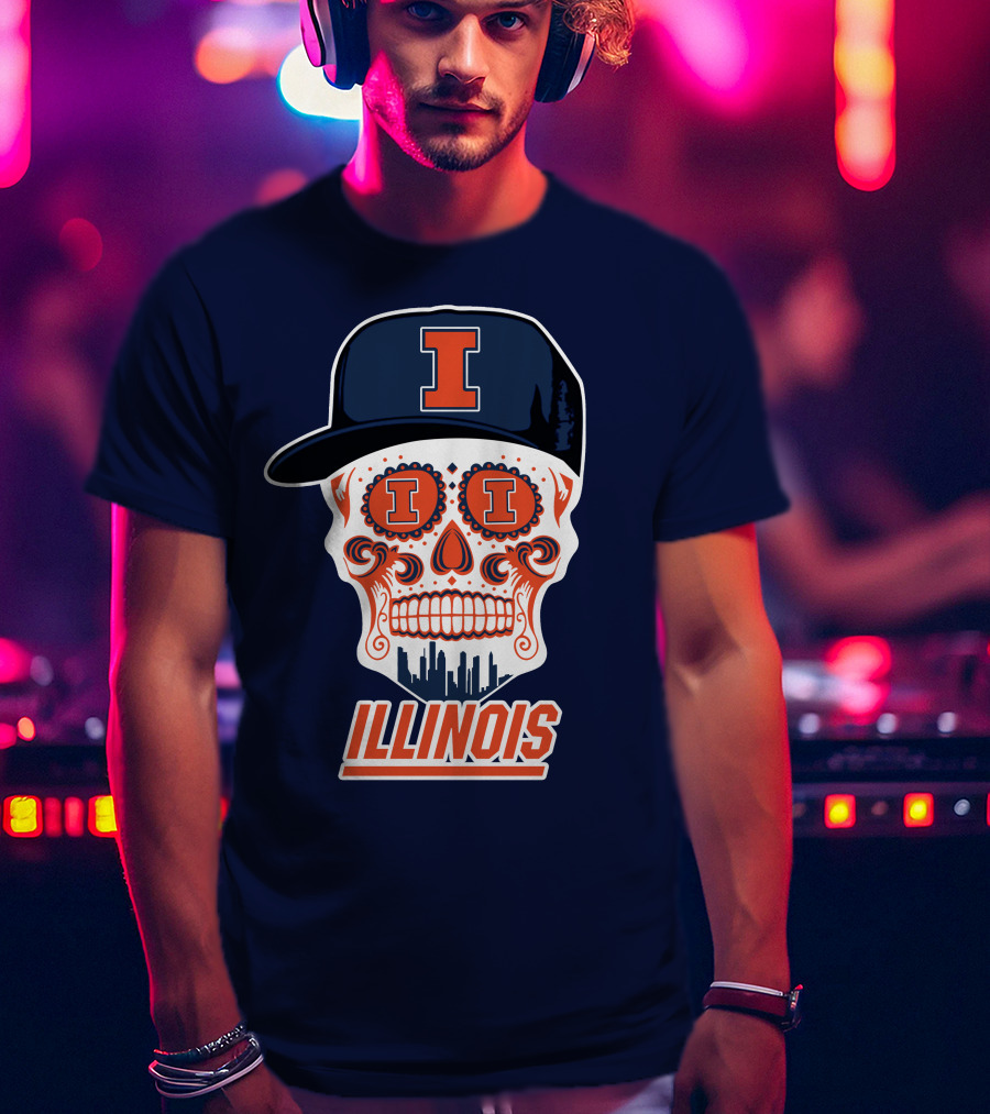 Illinois Fighting Illini Skull With Cap And Skyline T-Shirt