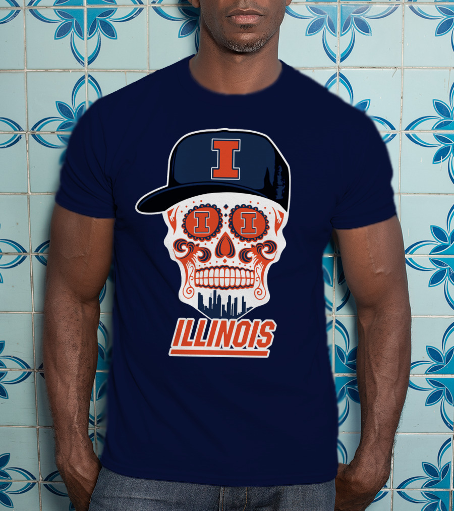 Illinois Fighting Illini Skull With Cap And Skyline T-Shirt