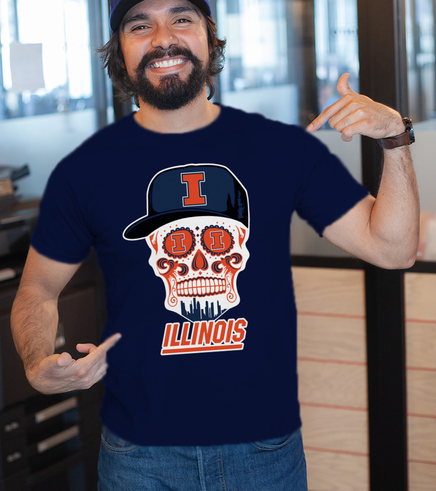 Illinois Fighting Illini Skull With Cap And Skyline T-Shirt