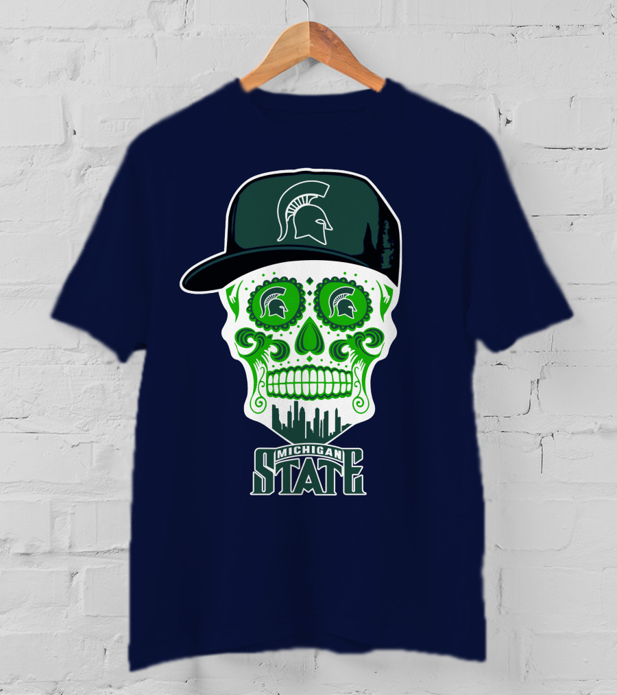 Michigan State Spartans Sugar Skull With Spartan Helmet Icon And City Skyline T-Shirt