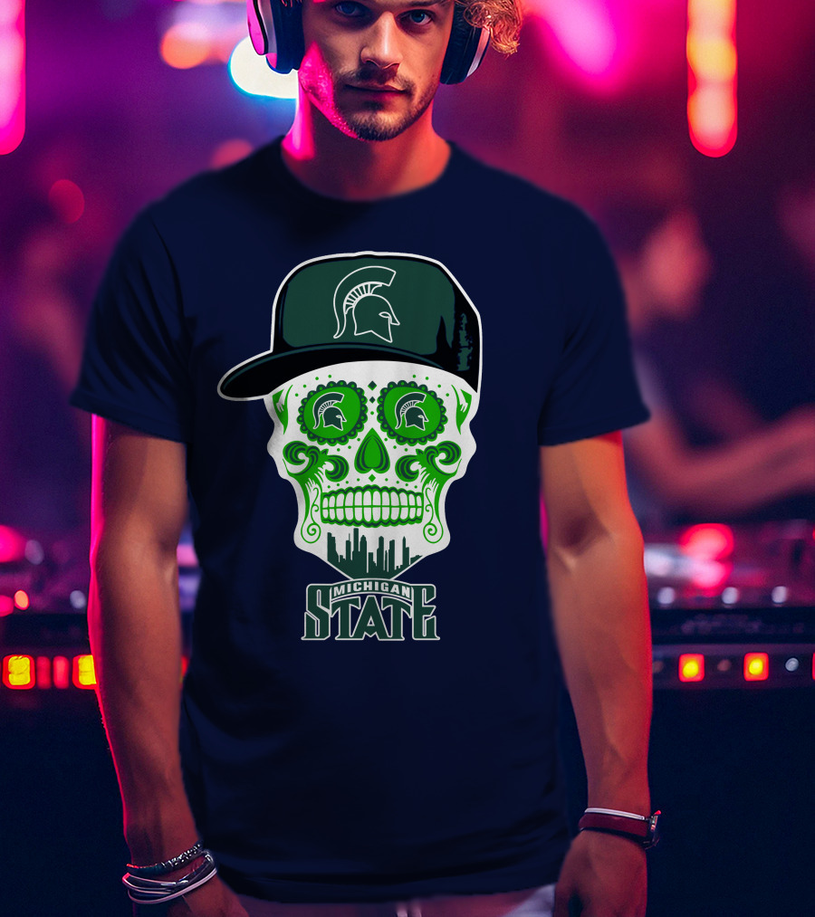 Michigan State Spartans Sugar Skull With Spartan Helmet Icon And City Skyline T-Shirt