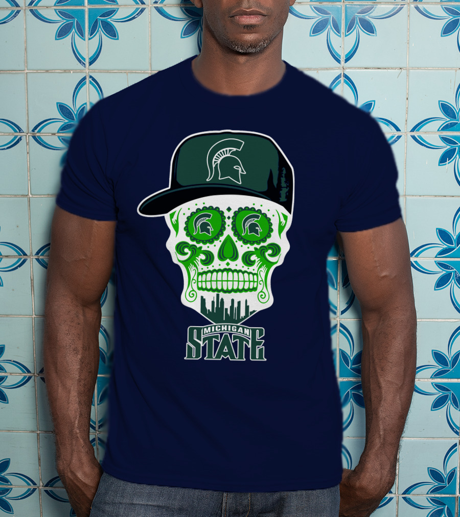 Michigan State Spartans Sugar Skull With Spartan Helmet Icon And City Skyline T-Shirt