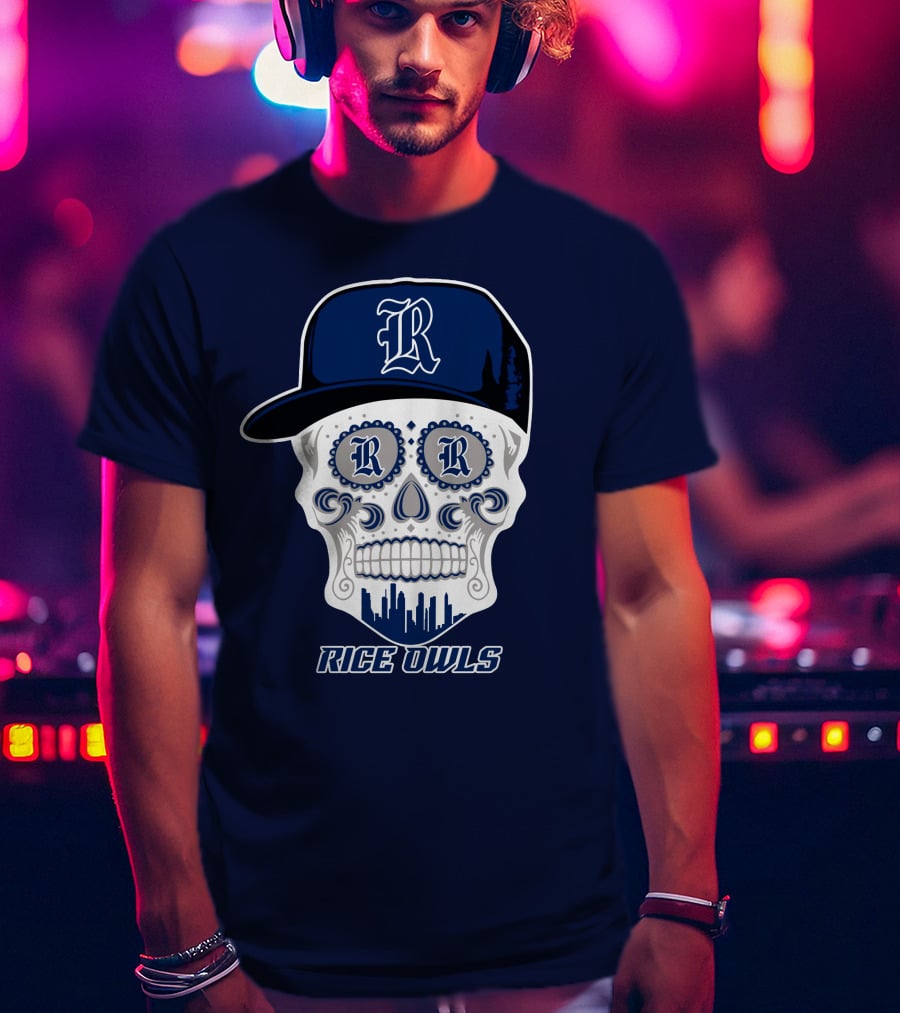 Rice Owls Skull With Cap And City Skyline T-Shirt