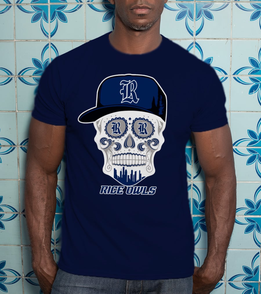 Rice Owls Skull With Cap And City Skyline T-Shirt