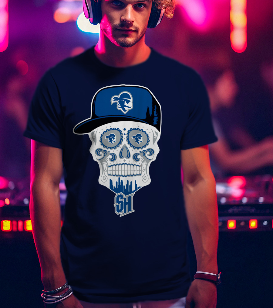 Seton Hall Pirates Sugar Skull Design With Pirate Cap And Sh T-Shirt