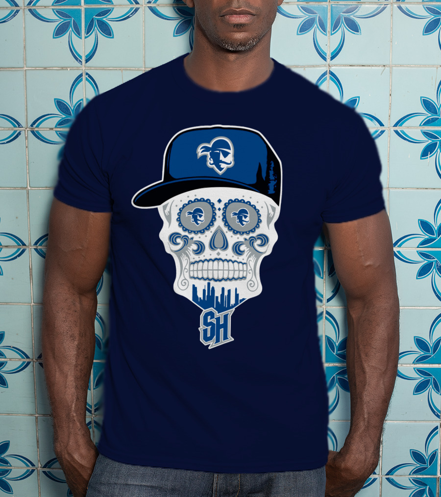 Seton Hall Pirates Sugar Skull Design With Pirate Cap And Sh T-Shirt