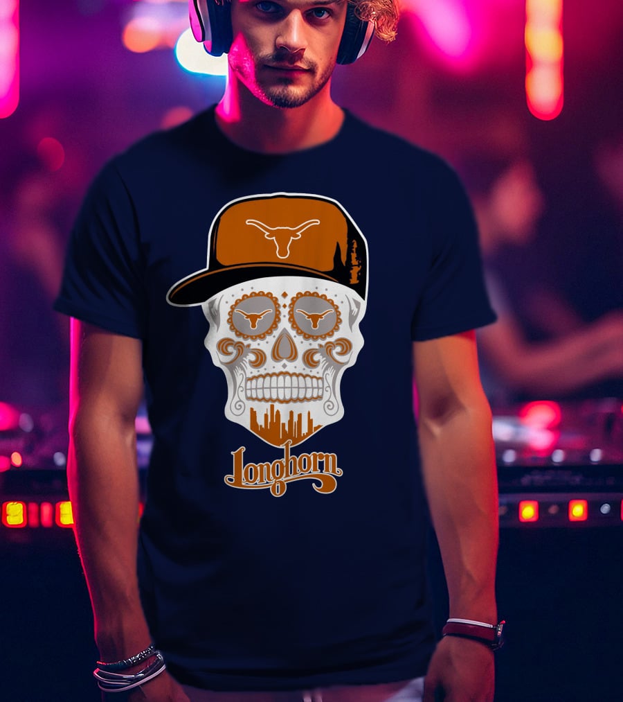 Longhorns Skull With Texas Longhorns Cap And Austin Skyline T-Shirt
