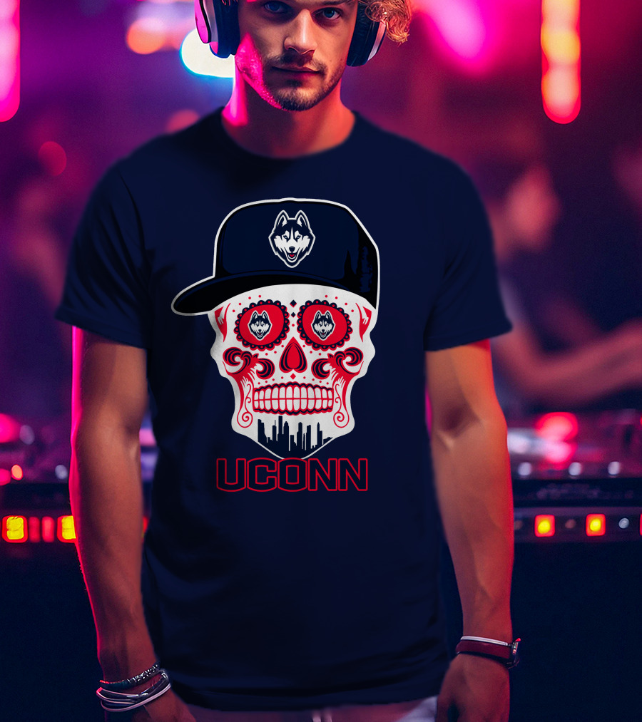 Uconn Huskies Sugar Skull With Hat T-Shirt