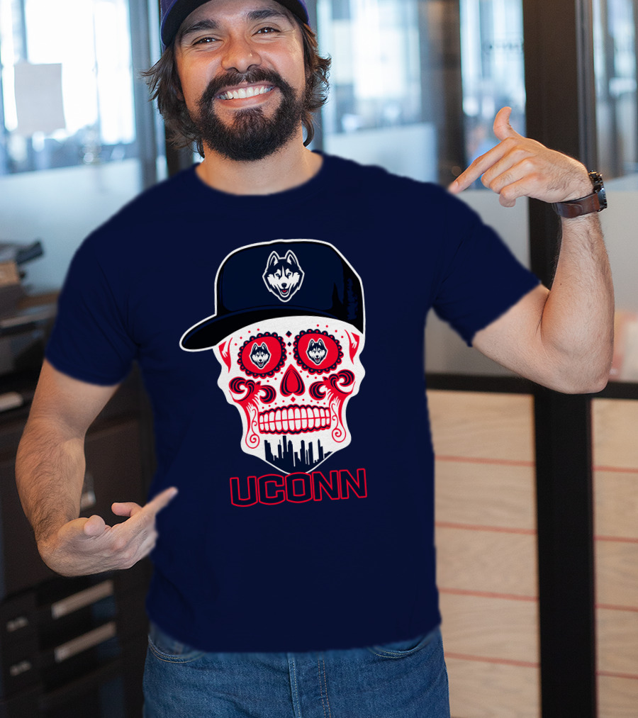Uconn Huskies Sugar Skull With Hat T-Shirt