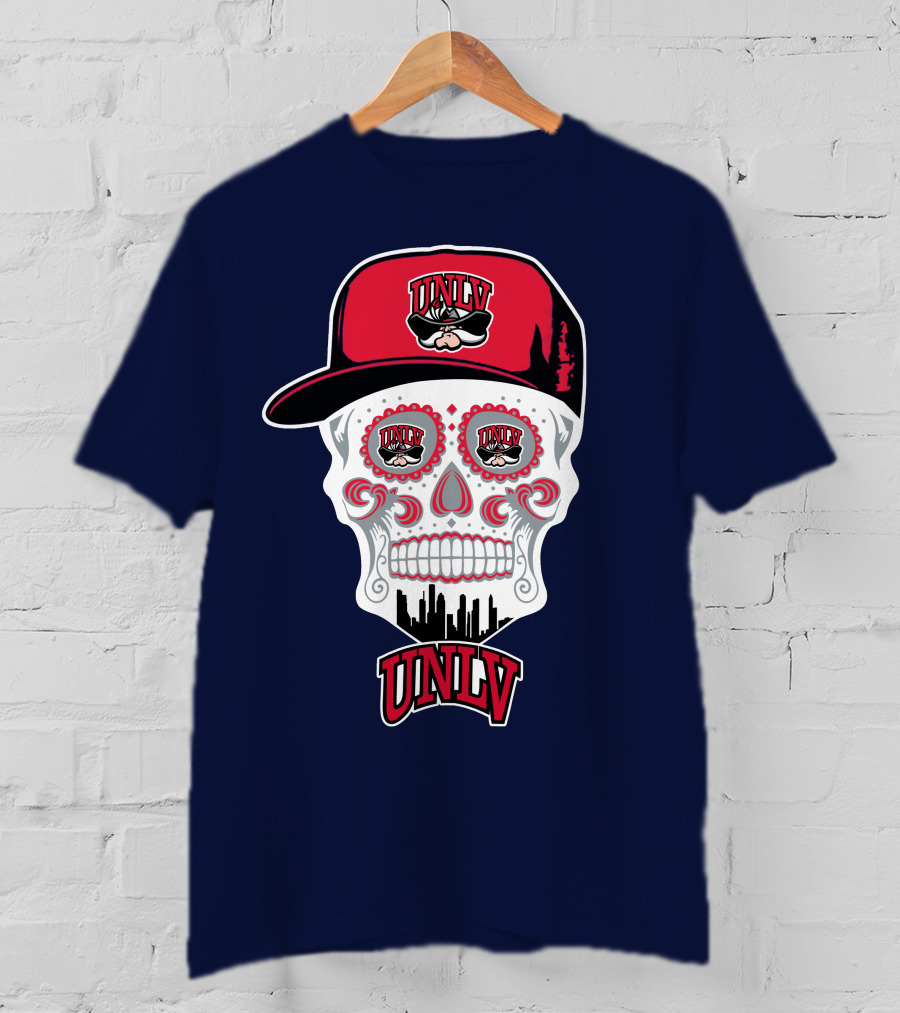 Unlv Rebels Skull With Cap Design Featuring Mascot Logo And Skyline T-Shirt