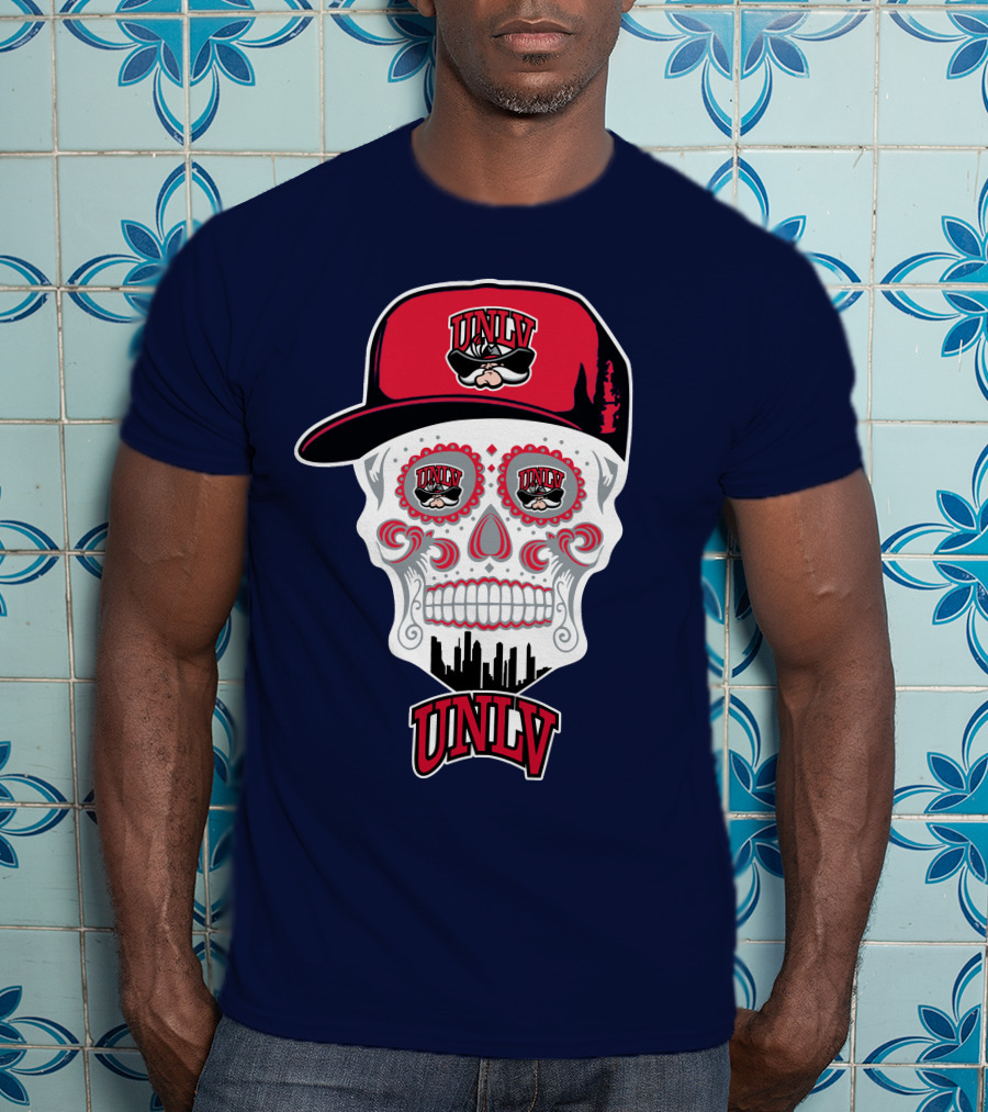 Unlv Rebels Skull With Cap Design Featuring Mascot Logo And Skyline T-Shirt