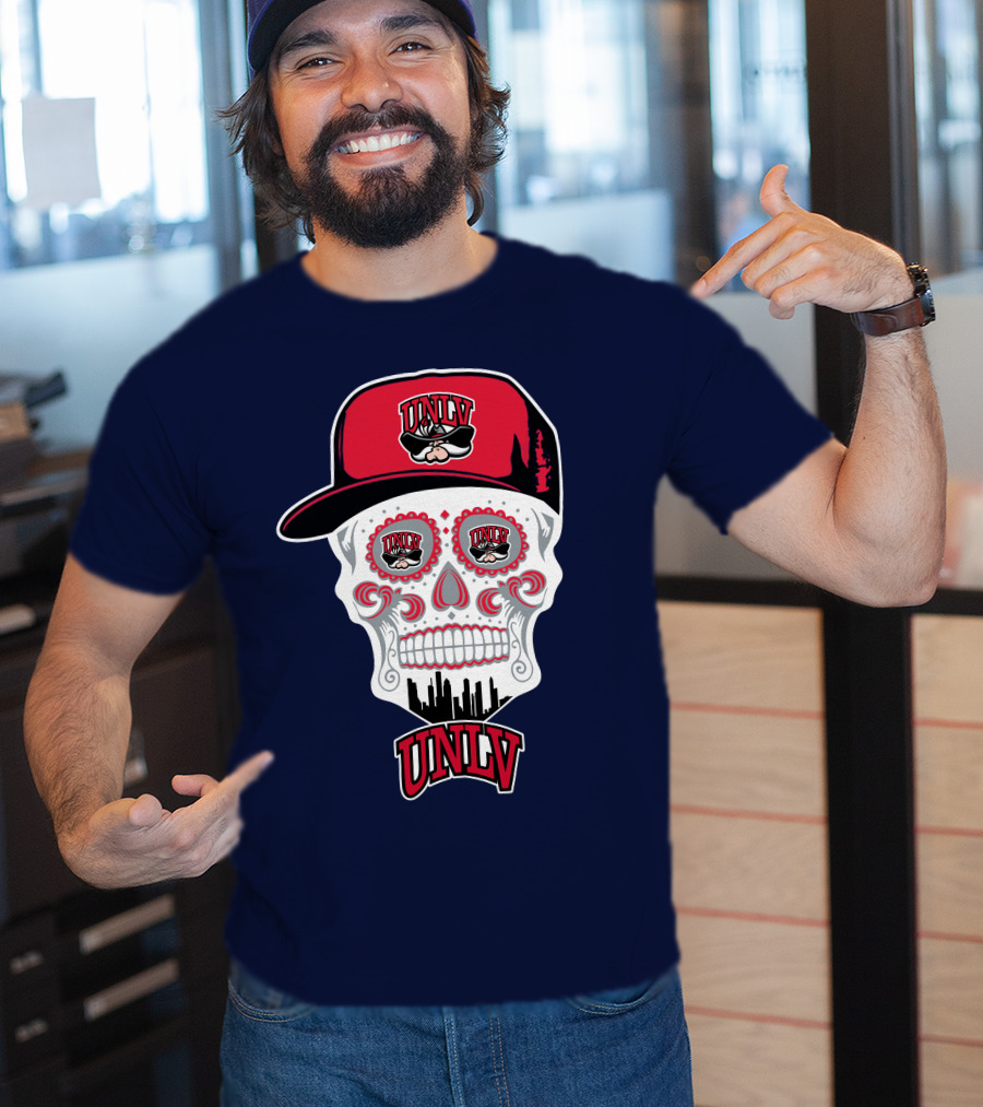 Unlv Rebels Skull With Cap Design Featuring Mascot Logo And Skyline T-Shirt