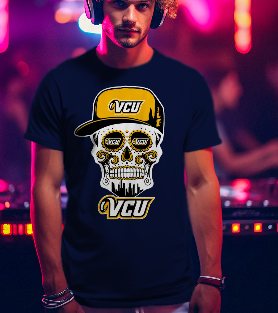 Vcu Rams Dia De Los Muertos Skull With Iconic Cap And Skyline T-Shirt