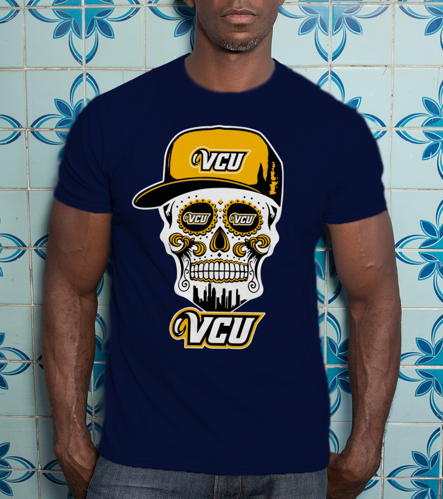 Vcu Rams Dia De Los Muertos Skull With Iconic Cap And Skyline T-Shirt