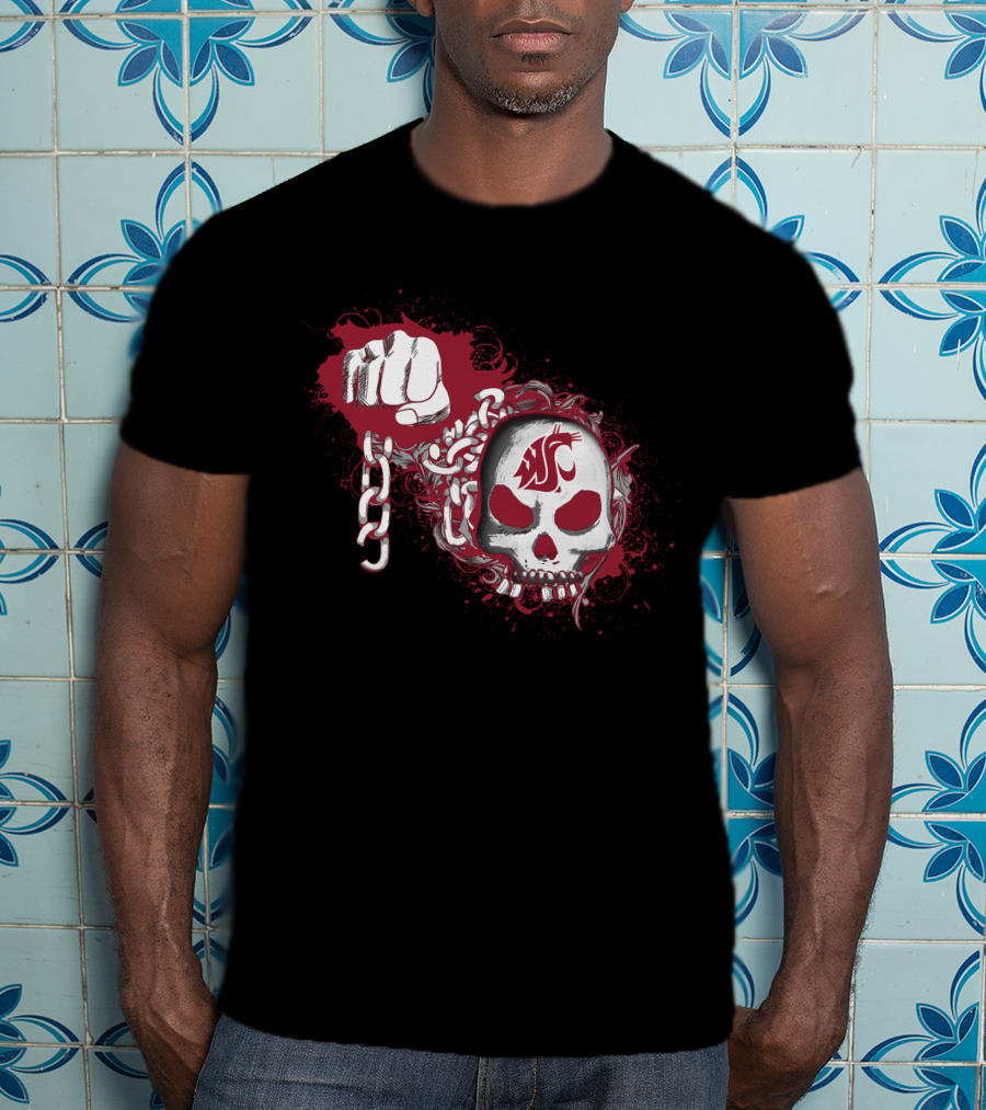Skull And Fist Chains With Washington State Cougars T-Shirt