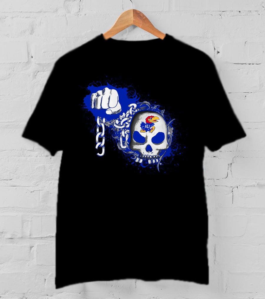 Kansas Jayhawks Skull With Chains And Bold Fist T-Shirt