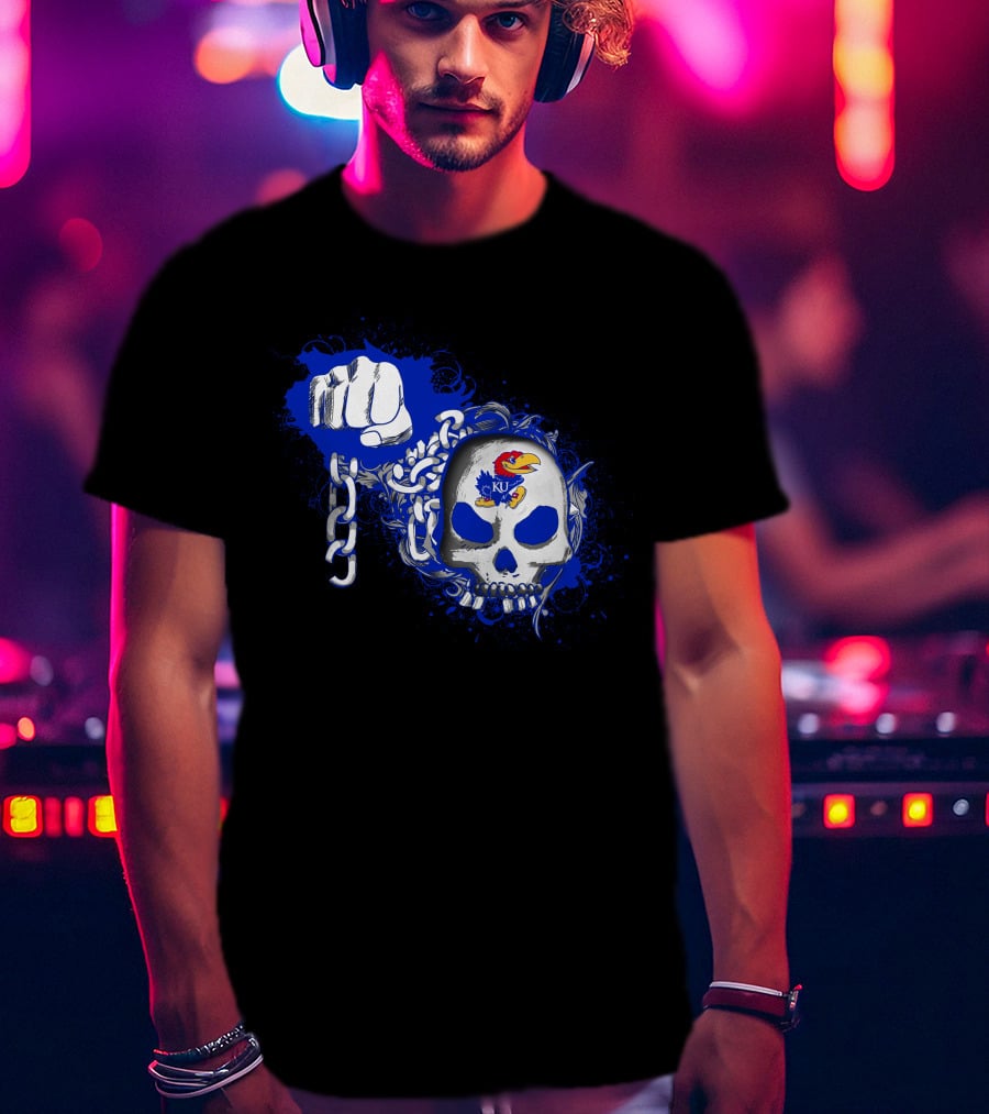 Kansas Jayhawks Skull With Chains And Bold Fist T-Shirt